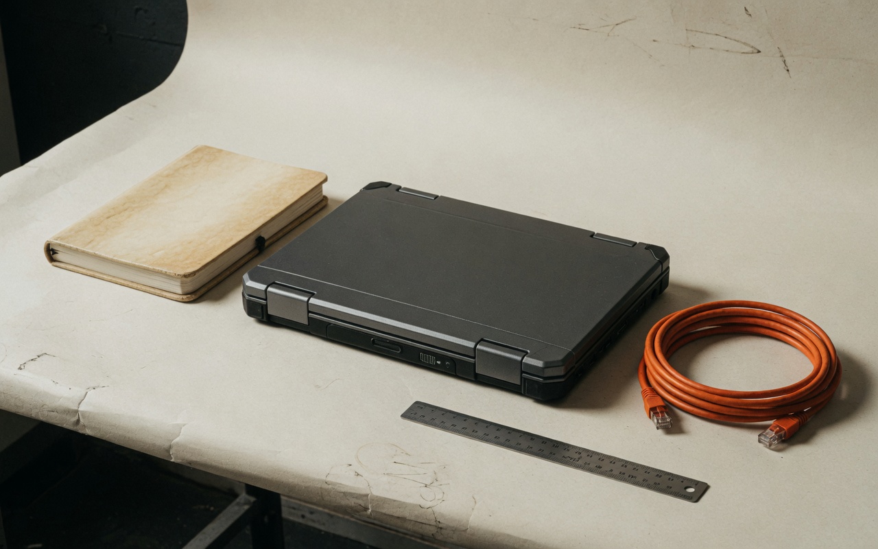 Working bench with a closed laptop, notebook, and ember cable
